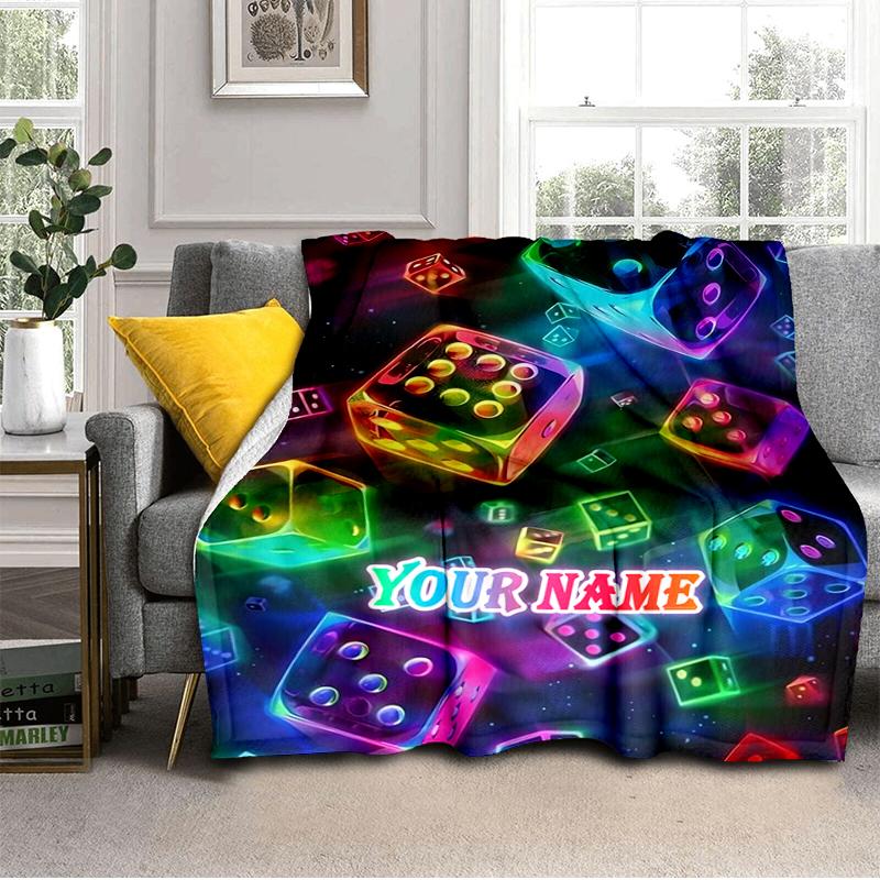 1PC Custom Name Neon Dice Vibrance flannel blanket versatile,all-season throw suitable for the living room,bedroom,camping,travel,and gift