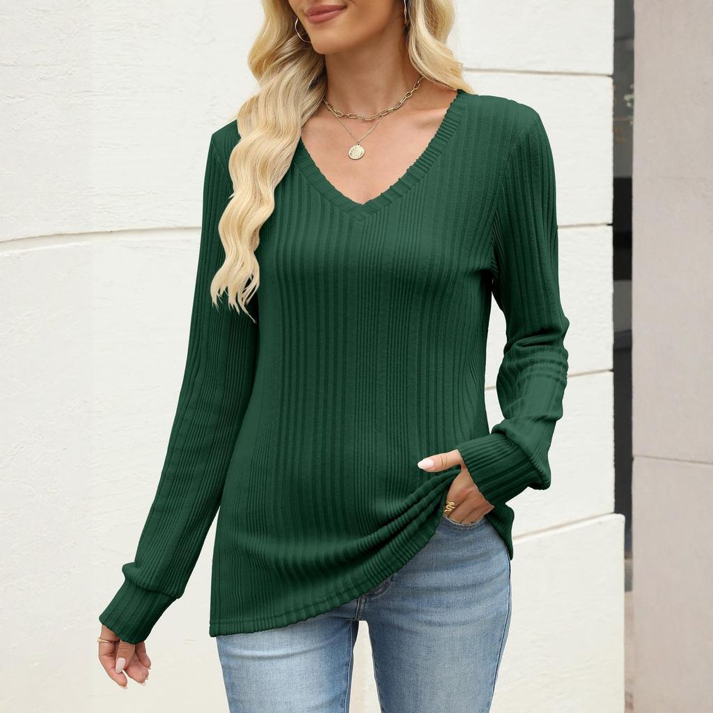 Damen Modisches Einfarbiges V-Ausschnitt Langarm Lässiges Lockeres Oberteil