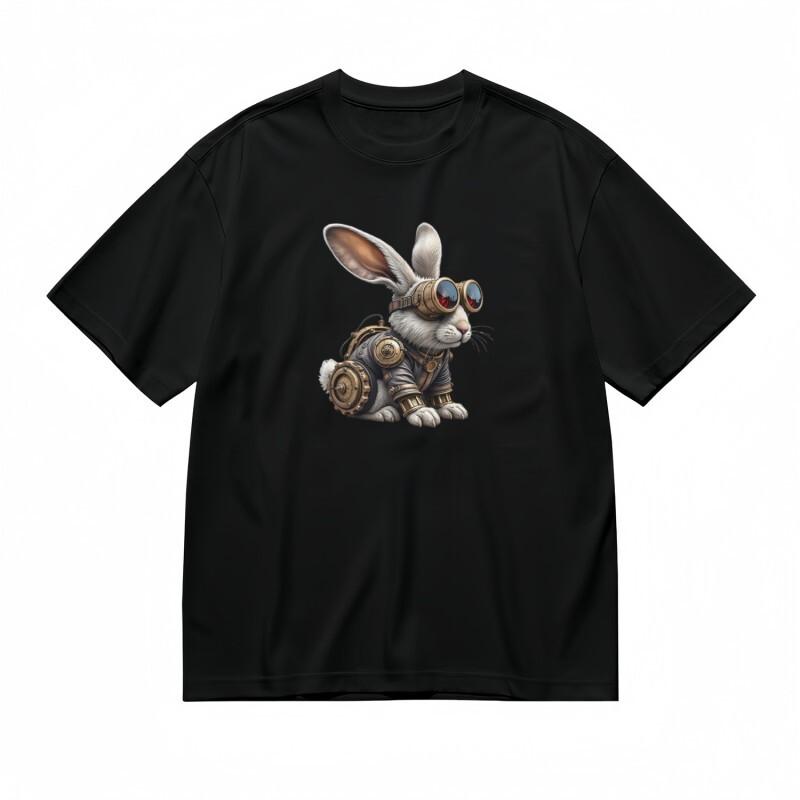 Men's T-Shirt Retro Futuristic Bunny Artwork With Leather Strap Details Tee
