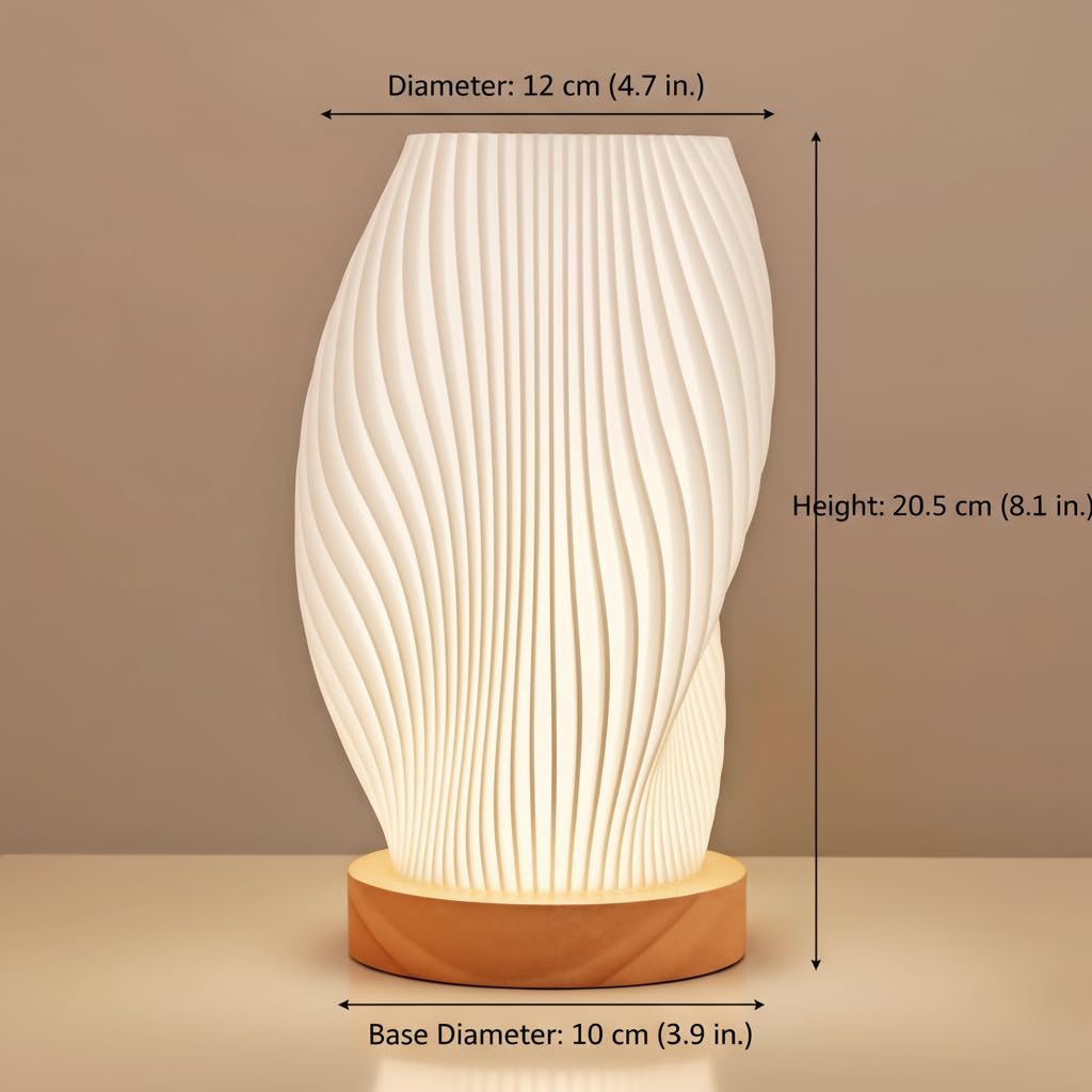 Tafunker Modern Table Lamp with Wooden Base, Decorative Mesh Pattern, Warm White Light for Bedside (Wave Pattern, Large)