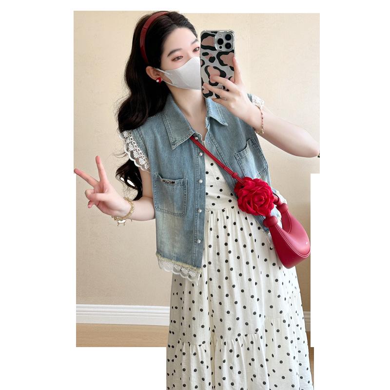 Korean Style Maternity Two-Piece Set: Lace Patchwork Denim Vest with Polka Dot Camisole Dress