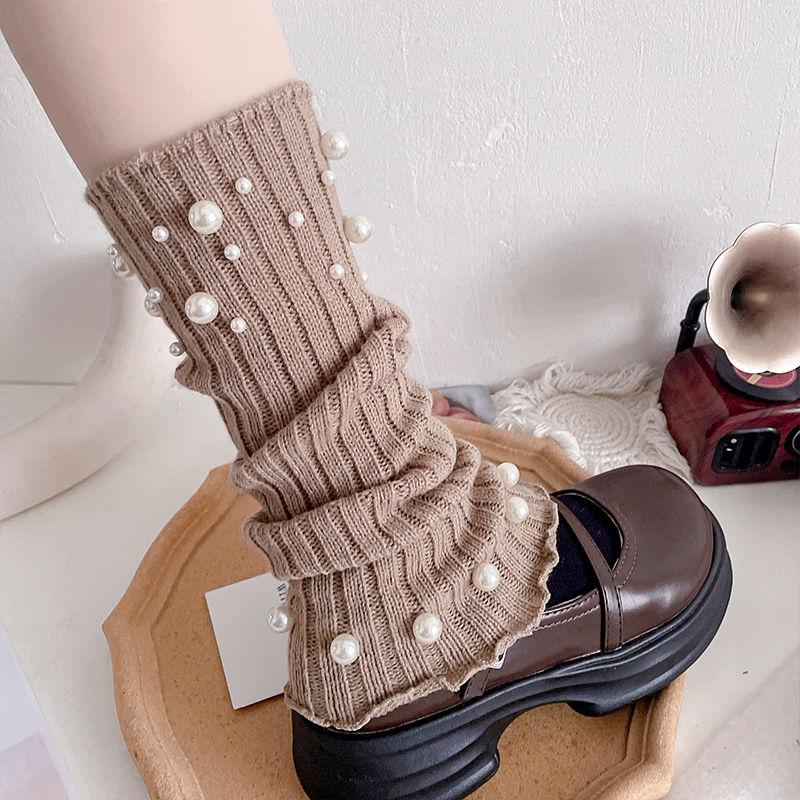 Women's Milk White Ruffled Wide-leg Leg Warmers Y2K Pearl Studded Socks JK Lolita Slouchy Long Leg Socks