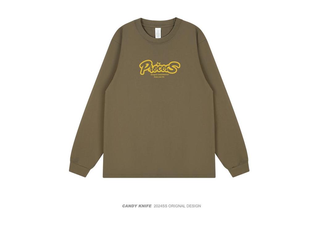 Hong Kong Retro Letter Print Unisex Loose-Fit Cotton Long Sleeve T-Shirt