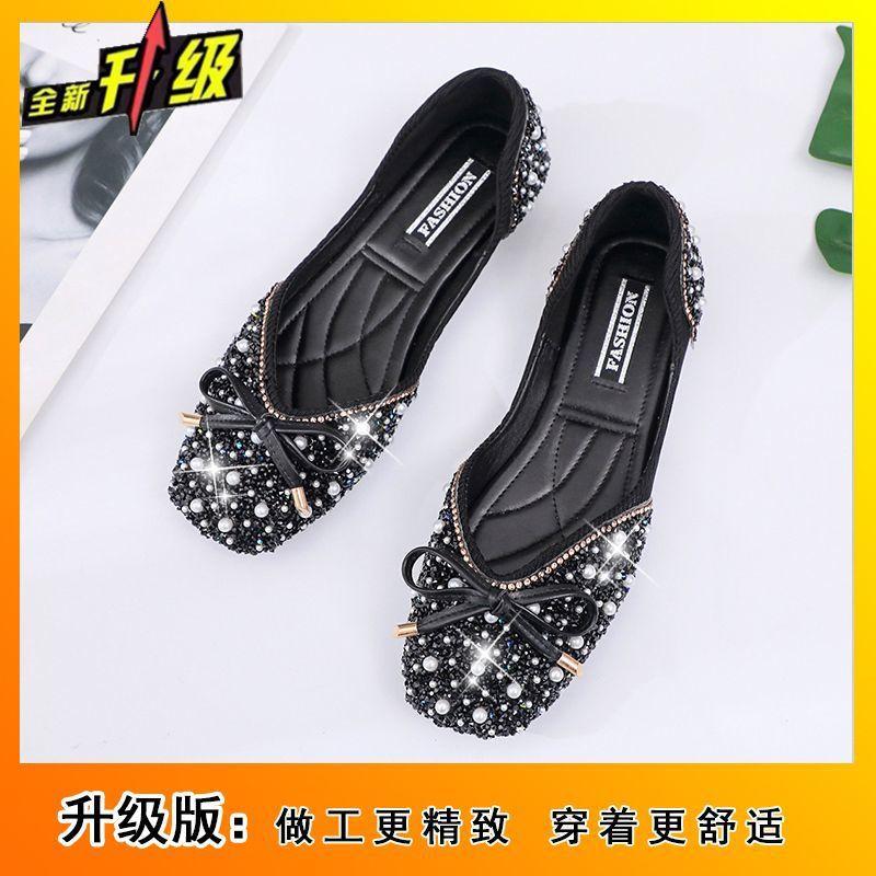 Bow shallow mouth ladyshoes flat shoes women's 2025 spring and summer new rhinestone single shoes women