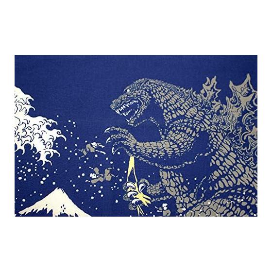 Four Carts Godzilla & Ukiyo-e Mt. Fuji Tenugui Towel - Navy, 100% Cotton, 90x34cm, Made in Japan. Perfect Japanese Souvenir, Fusion of Traditional
