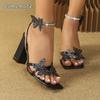 Women's Butterfly Rhinestone Heels Cross Strap Square Toe Chunky Heel Sandals High Platform Dressy Party Shoes for Women Size35