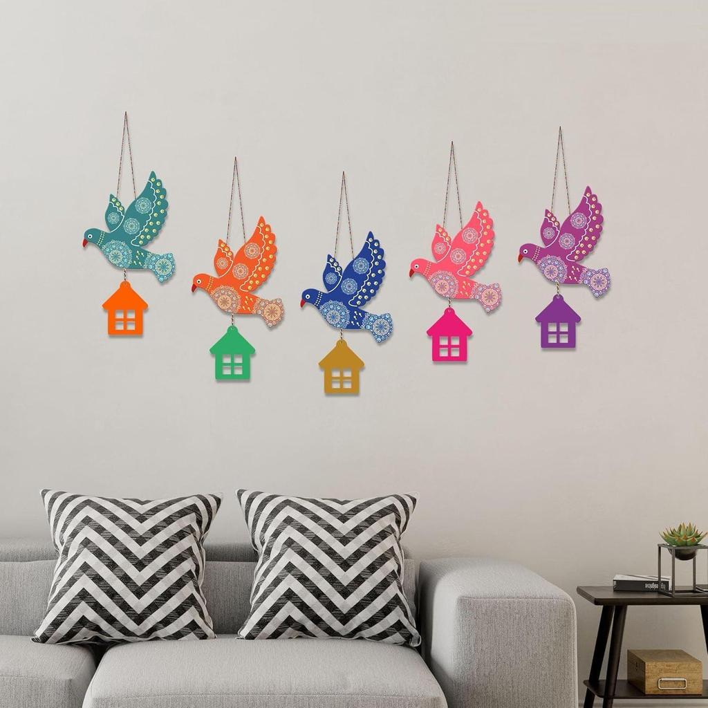 (Pack of 5) Multicolored Flying Birds Wooden Wall Hanging for Home Decoration | Garden Balcony | Office | Cafe | Decorative Door Hanging