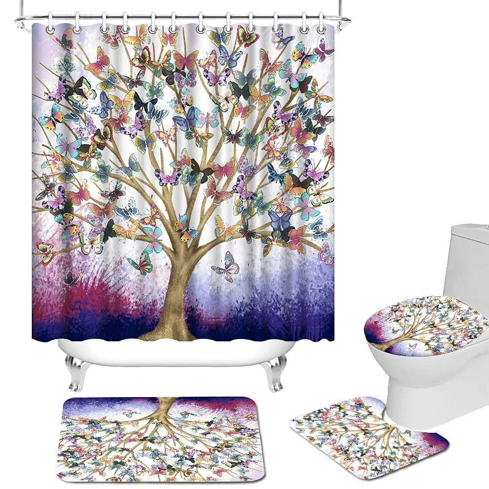 Colorful Rainbow Tree Shower Curtain Set Non-Slip Rugtoilet Lid Cover Bath Mat Watercolor Blooming Tree Branches Shower Curtain