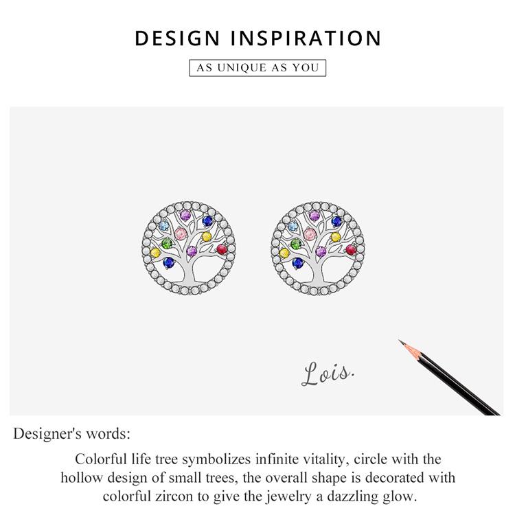 BAMOER Authentic 925 Sterling Silver Colorful Tree of Life Earring Stud Statement Fashion Jewelry