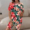 Women Plus Size Floral Printed Round Neck Short Sleeve Longline Top Fitted Shorts Two Piece Loungewear Set