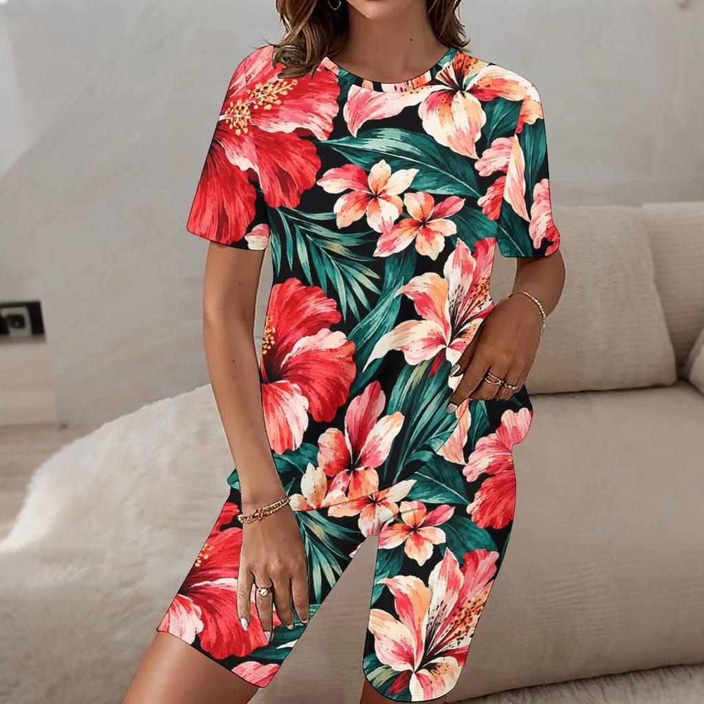 Women Plus Size Floral Printed Round Neck Short Sleeve Longline Top Fitted Shorts Two Piece Loungewear Set