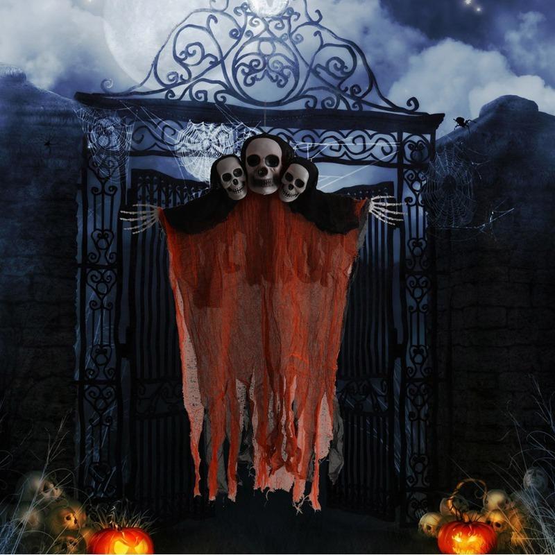 Large Hanging Three Head Skull Ghost Halloween Haunted House Decoration Gauze Prop Spooky Doorway Horror Suspended Ornament