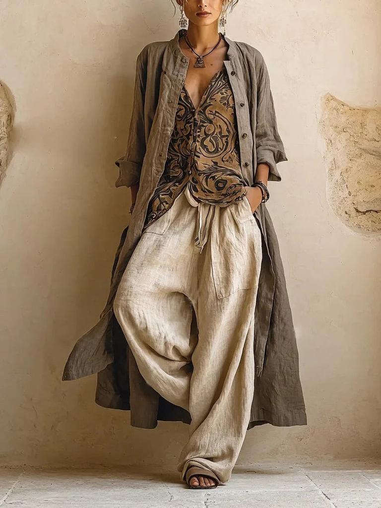 Women's 3 Piece Outfit Long Sleeve Open Front Long Shirt Printed Cami Wide Leg Pant Loose Fit European Style Polyester All Season Casual Tracksuit Set
