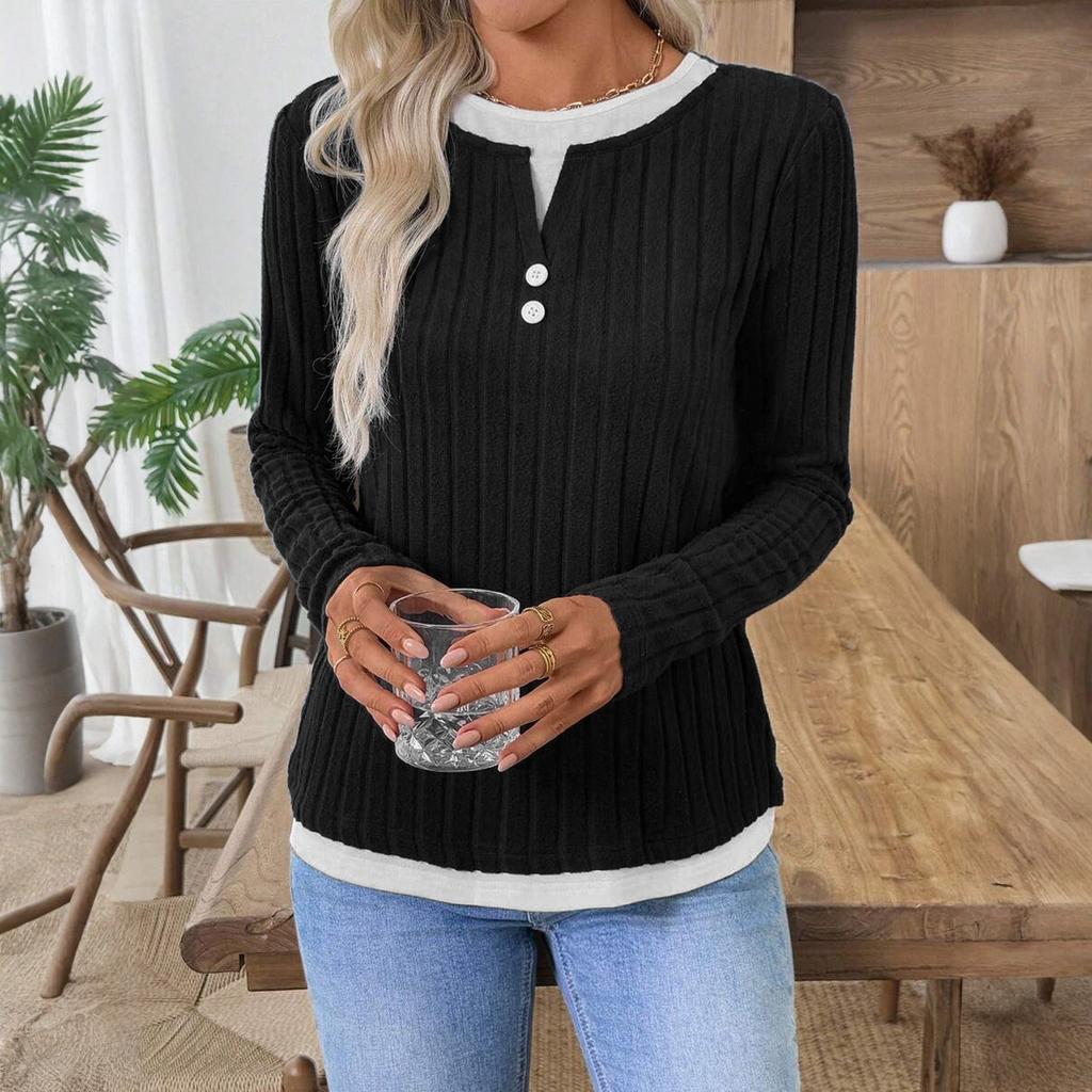 Women's Fashionable Solid Color Long Sleeved Round Neck Fake Two-piece Casual Pullover T-shirt Top
