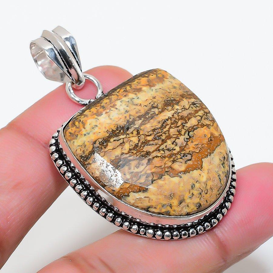 Natural Picture Jasper Gemstone 925 Sterling Silver Jewelry Pendant 1.89" AP-15925