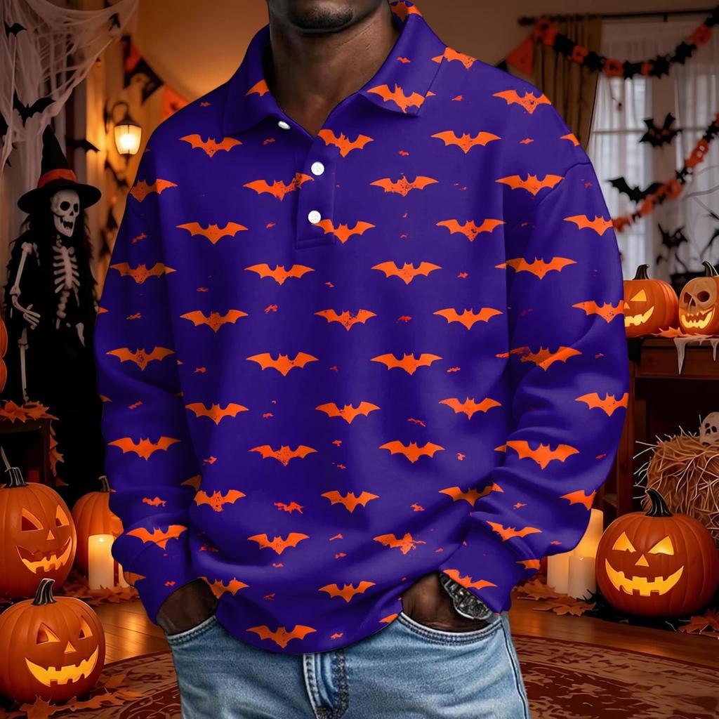 Men's Long Sleeve Loose Fit Casual T-Shirt for Halloween Party or Everyday Wear