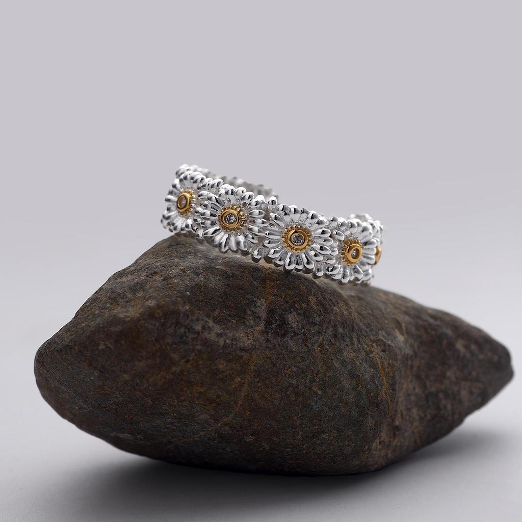 S925 Sterling Silver Korean-Style Retro Daisy Adjustable Ring