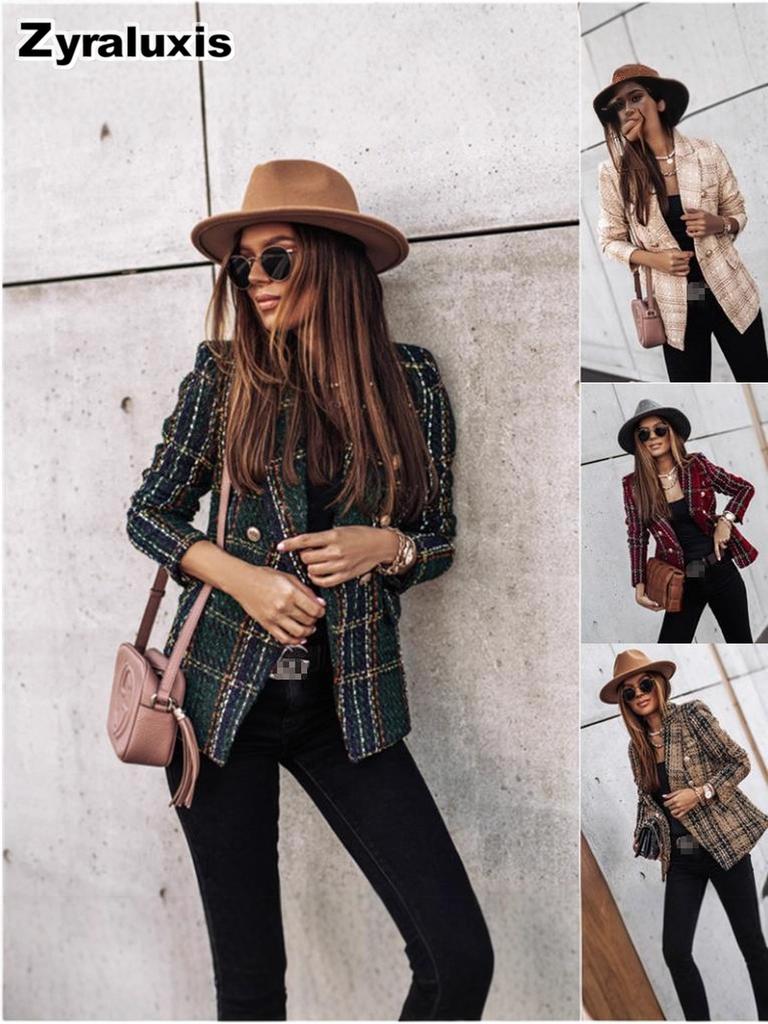 Autumn Winter Long Sleeve Double Button Lapel Printed Coat for Women