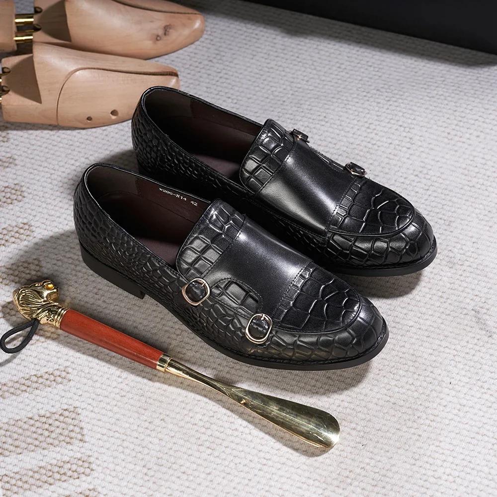 Fashion Men's Luxury Genuine Leather Loafers Double Buckle Monk Strap Slip-On Casual Shoes Crocodile Pattern Wedding Dress Occasions