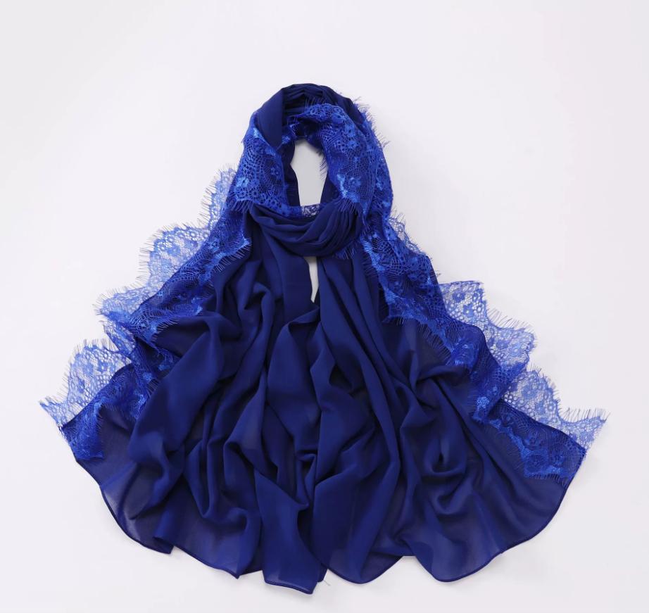 New Muslim Chiffon Hijab With Lace Muslim Scarf Long Shawls Solid Headscarf Wraps Embroidered Lace Muslim Turban Femme Hijab