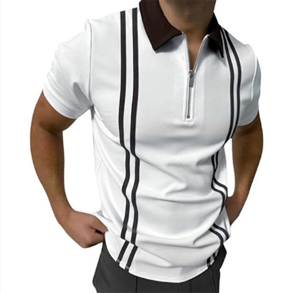 2026 Men's Fashion and Leisure New Short-sleeved Zipper Polo Men's Striped Printed Pullover T-shirt