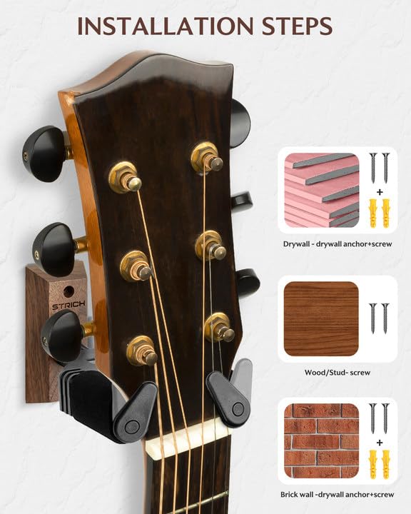 STRICH Guitar Hanger Wall with Suitable for and More of Hooks, Mount, Auto-Locking, Screws, Guitars, Basses, Ukuleles, (Set 2)