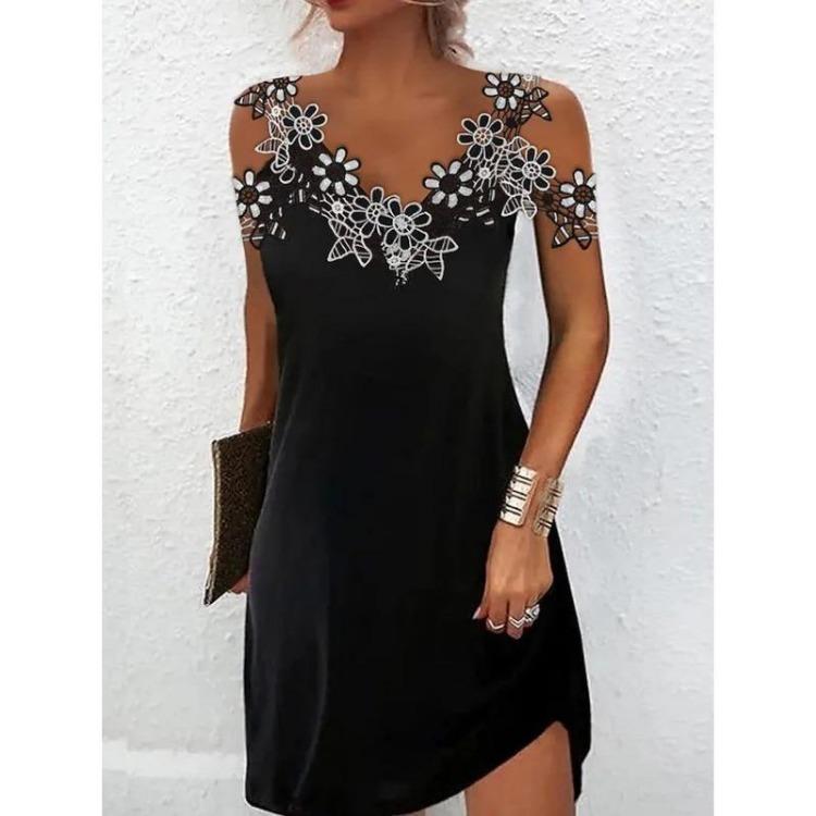 Women's Floral Applique Casual Cold Shoulder V Neck Dress Clothing