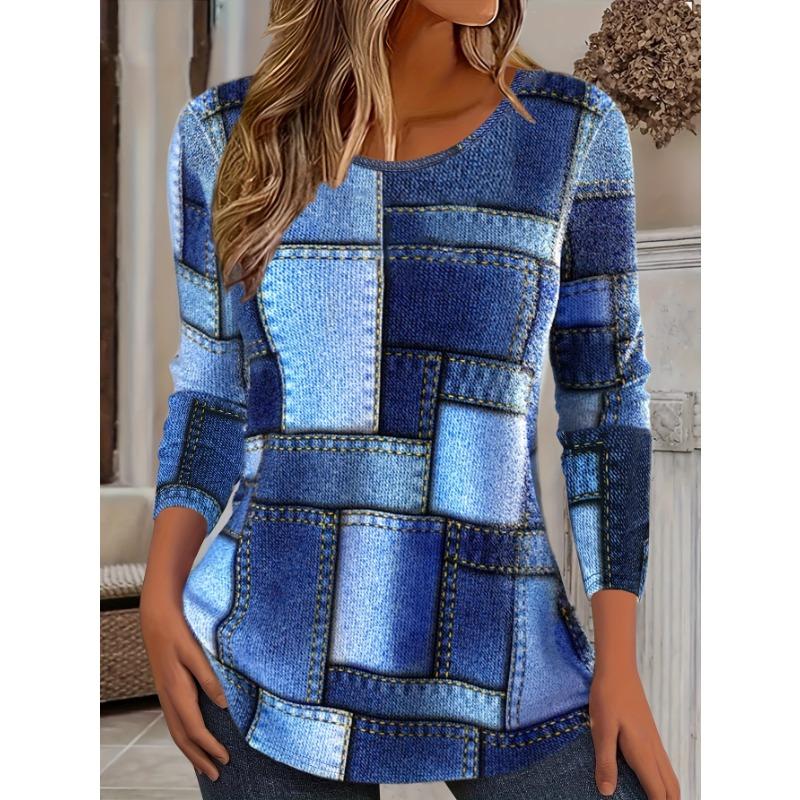 Lebendiges, durchgehendes T-Shirt mit langen Ärmeln und Rundhalsausschnitt und 3D-Druck – Lässige Frühlings- und Herbstkleidung für Damen, bequemer Pullover mit entspannter Passform