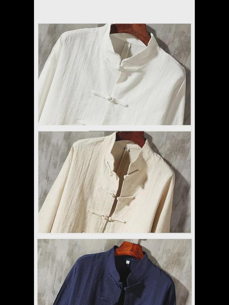 Men's Chinese Style Buttoned Cotton-Linen Stand Collar Shirt, Retro Long-Sleeve Top for Spring and Autumn