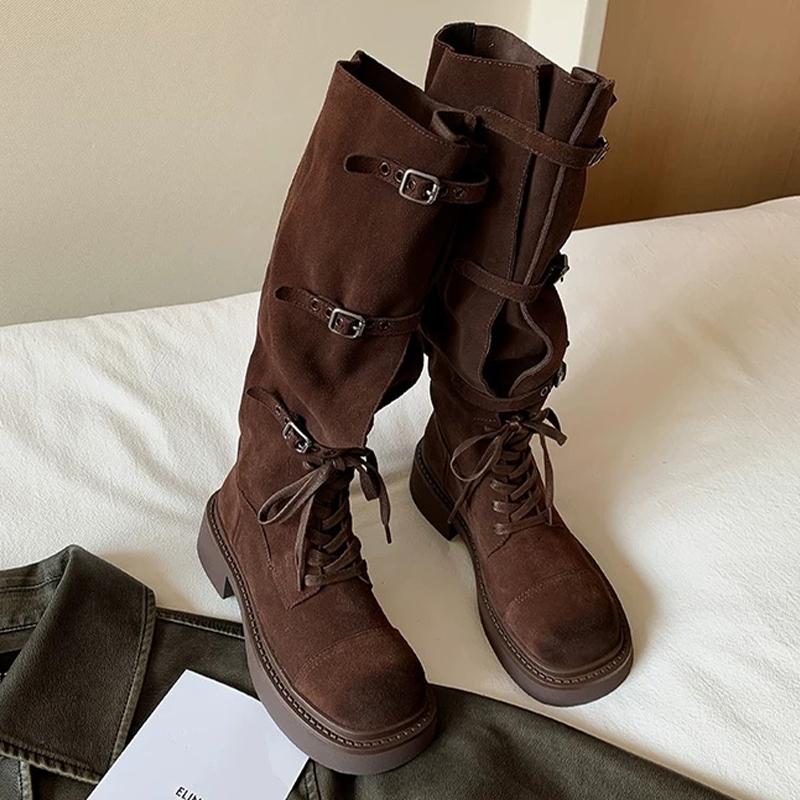 Fashion High Boots Women Winter Designer Shoes Flats Lace Up Fashion Knee High Boots 2025 New Cozy Dress Goth Chelsea Botas Mujerzapatos