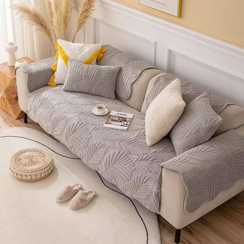 Velvet Plush Sofa Towel Thickeness Jacquard Leaves Home Decor Sectional Sofa Cover Non-slip Dust Proof Couch Seat Cushion Pad
