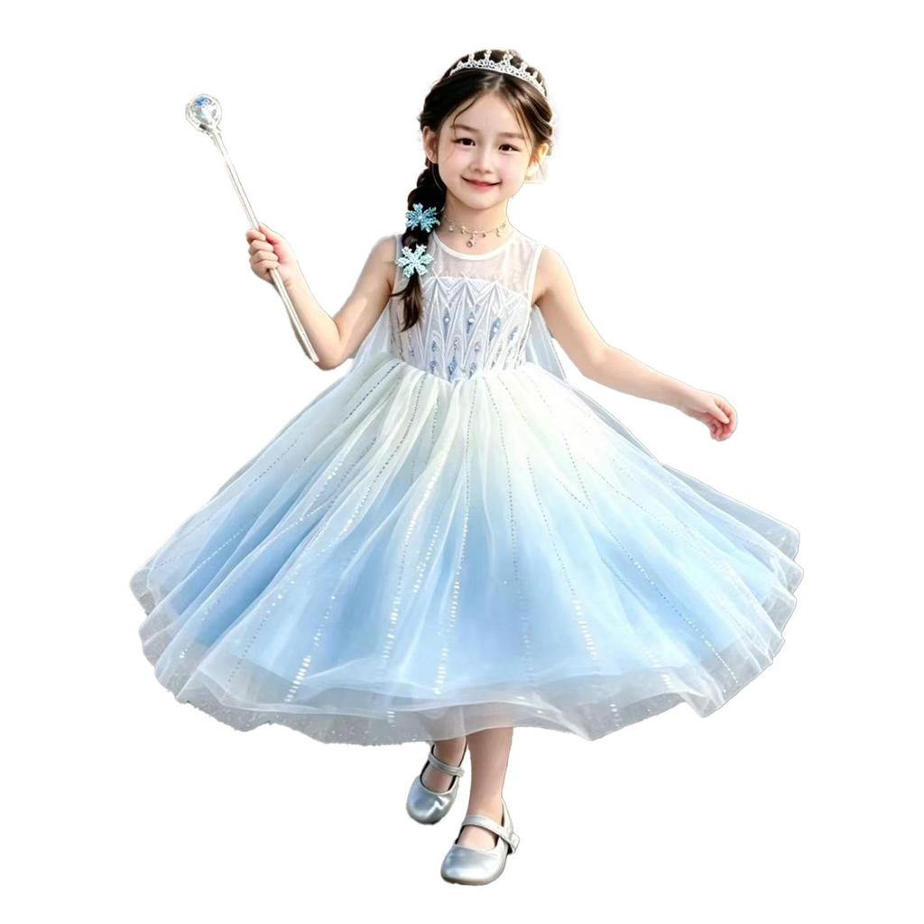 2026 Elsa Princess Dress for Girls - Gradient Ice Blue Rhinestone Cape - Perfect for Performances & Birthday Parties