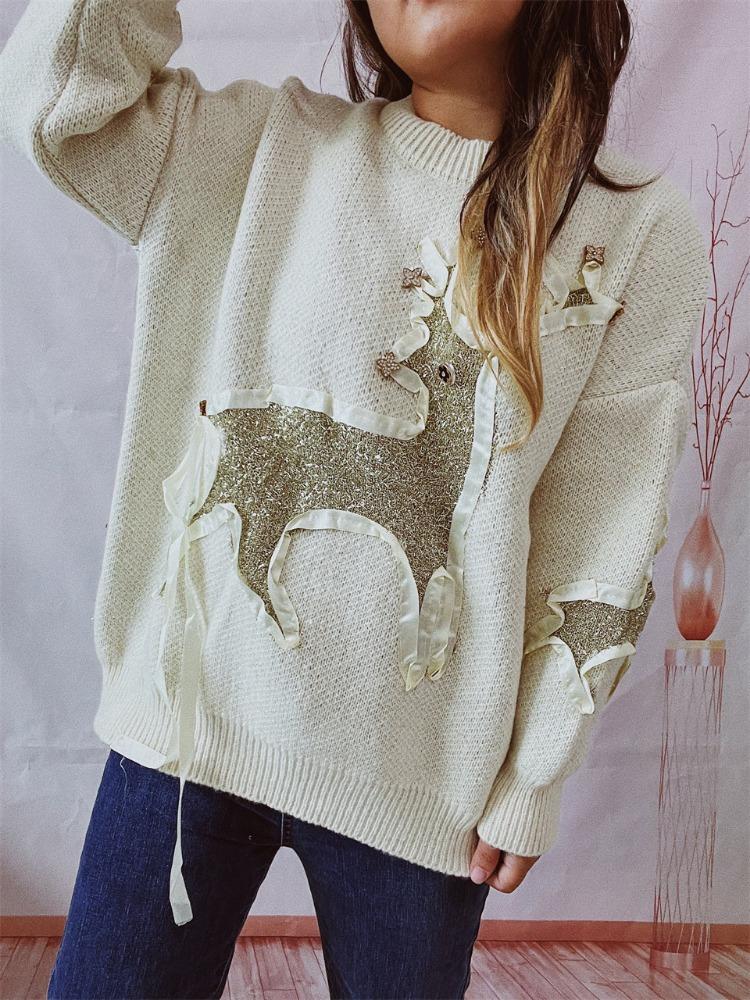 New Autumn/winter Christmas Sweater Women's Ribbon Gold Thread Jacquard Deer Round Neck Thick Knit Pullover
