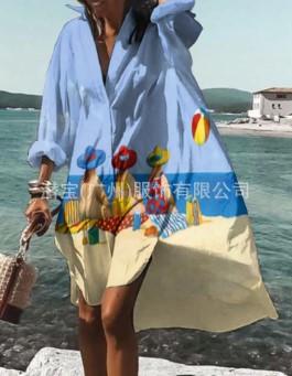 New Hot-selling Women's Clothing Loose Printing Medium and Long Shirt Dress
