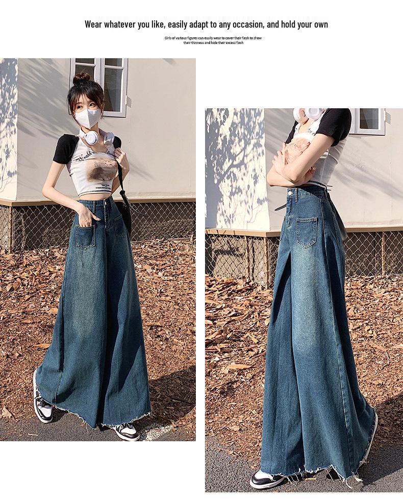 Plus Size Retro Frayed Wide-Leg Denim Skirt for Pear-Shaped Women - High Waist, Slimming Flared Design for Spring and Autumn.