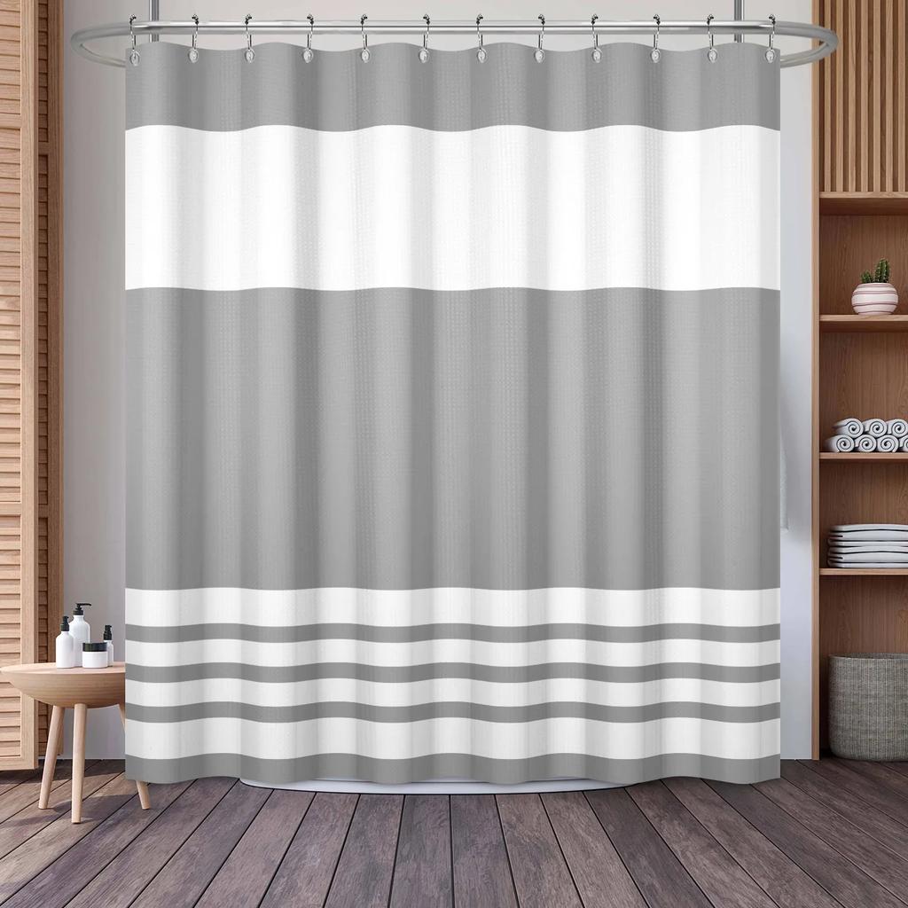 Waffle Shower Curtains Modern Hotel Style Striped Geometric Pattern Bath Decor Waterproof Polyester Bathroom Curtain with Hooks