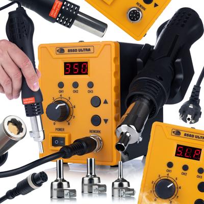858D Ultra Heißluft 700W – Lötstation und Kunststoffschweißgerät | 100-500°C | 120 l/min | 3 Düsen und Kolbensensor