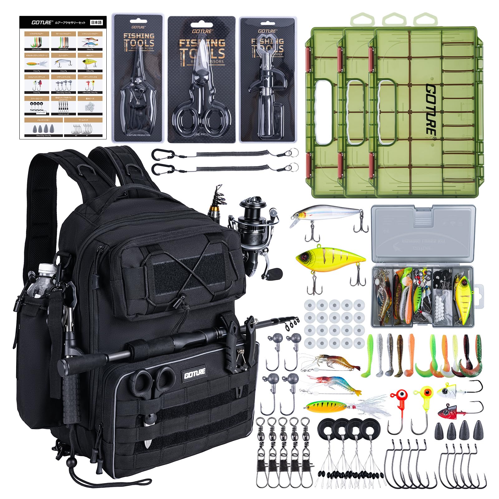 

Goture Multifunctional with Fishing Lure Fishing Tackle Tackle Day Backpack, Black, Gear, Case, Storage, Water-Repellent, Outdoor, Bag,