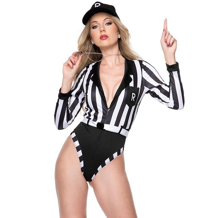 - Sexy football baby referee uniform, one-piece costume female referee cheerleading costume, striped cheerleading costume