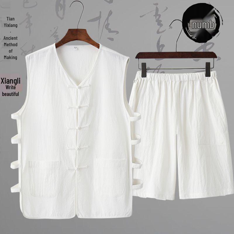 Sleeveless Mandarin Cotton-Linen Vest for Middle-Aged and Elderly Men