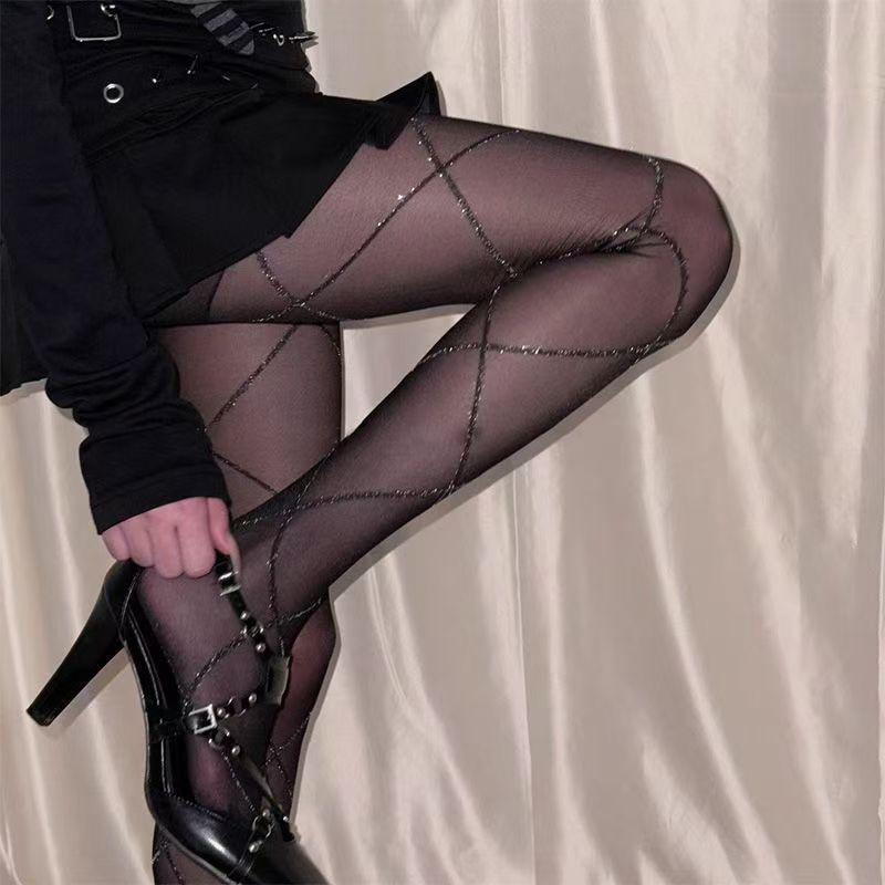 Elegant Retro Style Silver Thread Grid Pantyhose Women Slim Fit Shape Tights Glitter Hosiery Stockings