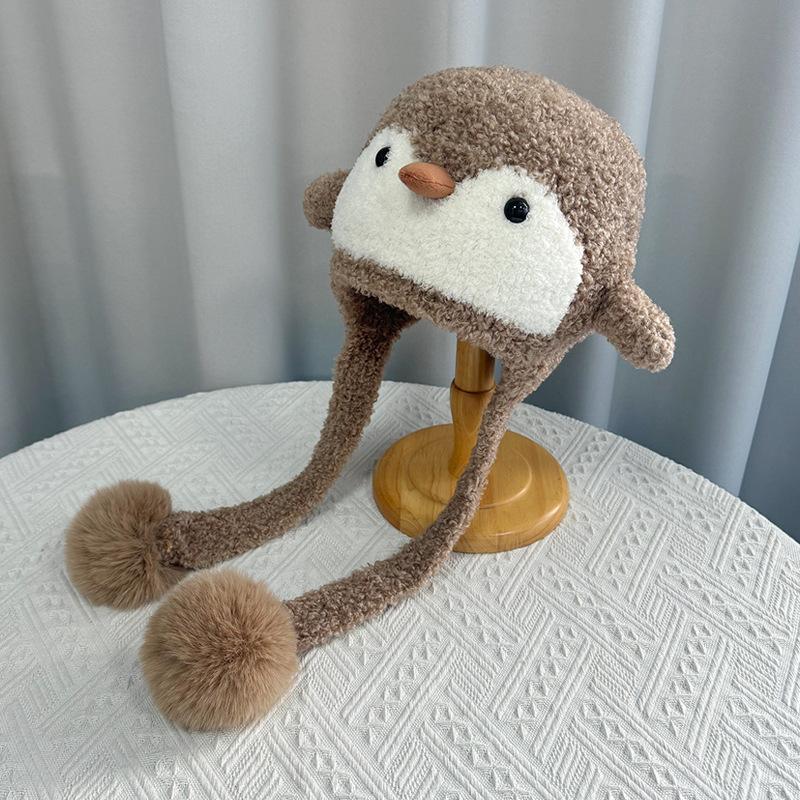 Winter cartoon penguin hat women's outdoor warm ear protection knitted wool hat versatile face small pullover hat