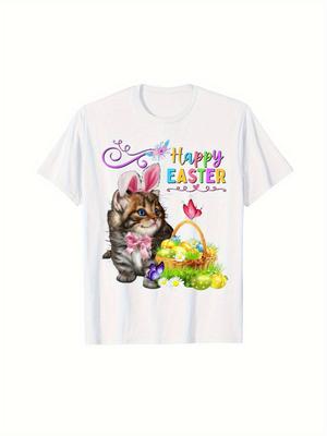 Cute Kitten Bunny Ears Easter Graphic Tee Men Casual Cotton Crew Neck Spring Holiday T-Shirt