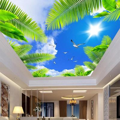 Tapet foto 3D pentru tavan, temă pentru camera de zi, tavan de hotel, decor mural, cer albastru, nori albi, plajă, copac, tapet
