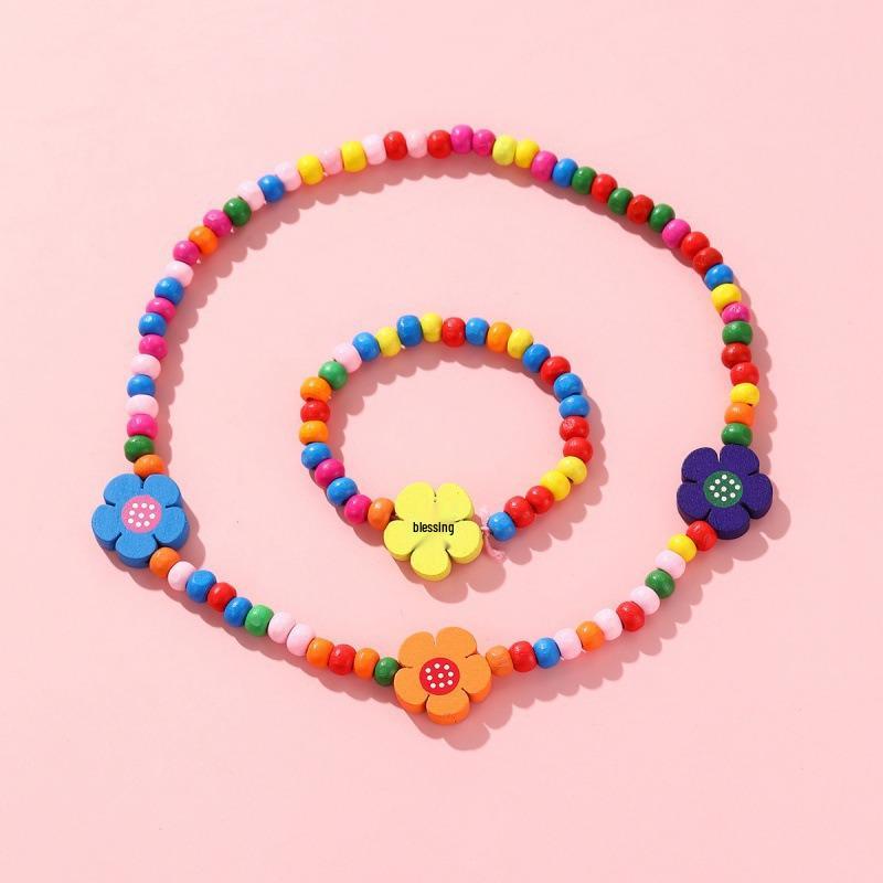 Süßes buntes Kinder-Schmuckset im koreanischen Stil: Holzperlenarmband & Halskette