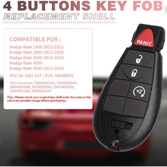 Key Fob Case Replacement for Dodge Ram 1500 2500 3500 4500 5500 2013 2014 2015 2016 2017 2018    GQ4-53T 56046955 Pickup Truck 4 Button Keyless Entry