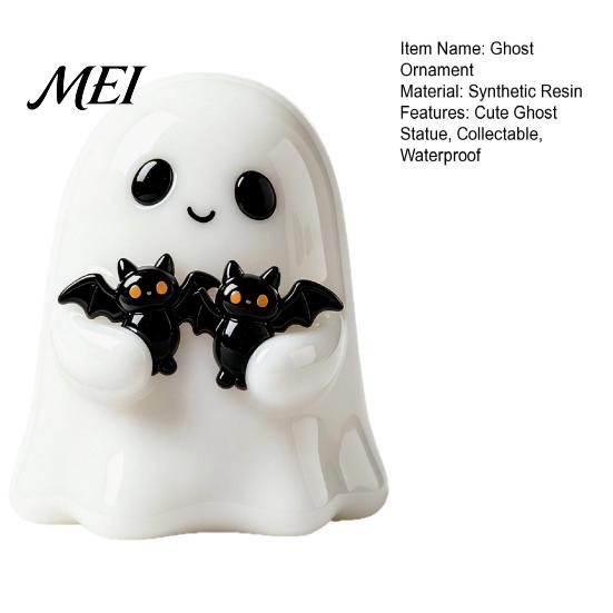 Durable Resin Ghost Figurine Halloween Figurine, Cute White Statue with Bats, Weatherproof for Gardening Ornament Home Mantel Tabletop Decor