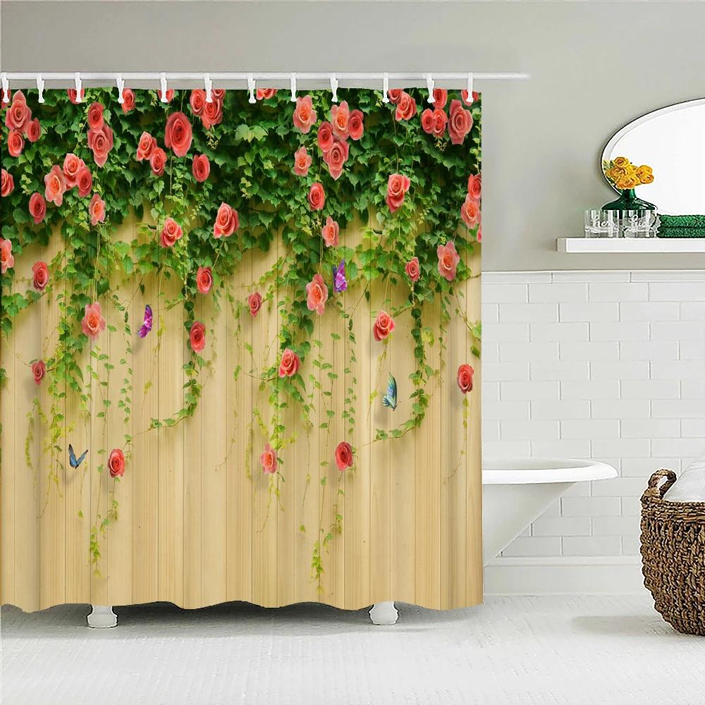 

Waterproof Shower Curtain for Bathroom Nature Flower Rose Butterfly Bath Curtains Printed Fabric Bath Screen Decor with 12 Hooks W90XH180cm