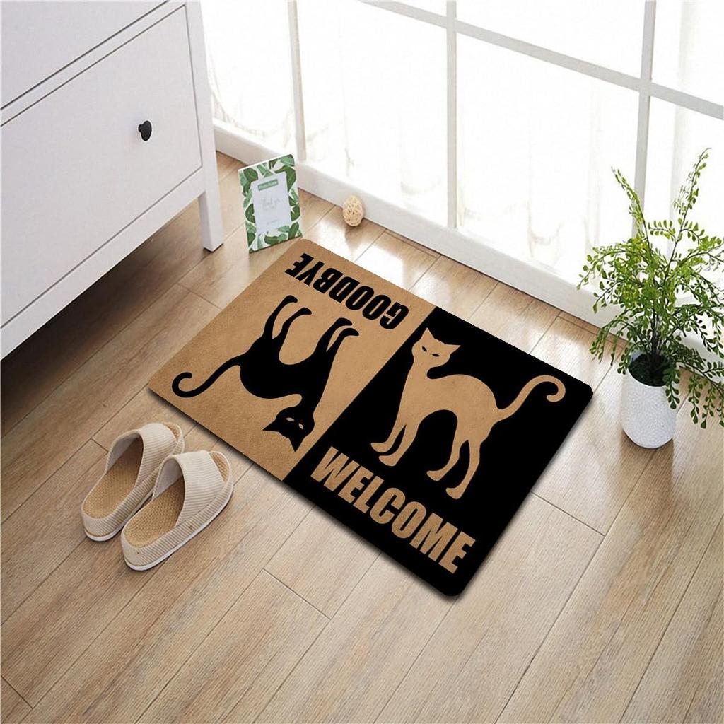 Welcome Goodbye Black Cat Dual-Sided Porch Decor Mat Doormat Rubber Kitchen Floor Mat Non-Slip Carpet Entrance Rug
