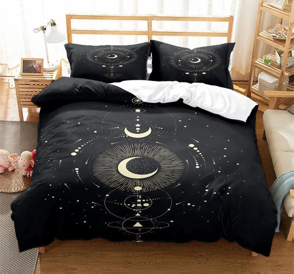 Black Sun Moon Star Bedding Set Bohemian Totem Line Duvet Cover Pillowcases Bedlinen Adults Bedclothes Twin Full Queen King Size